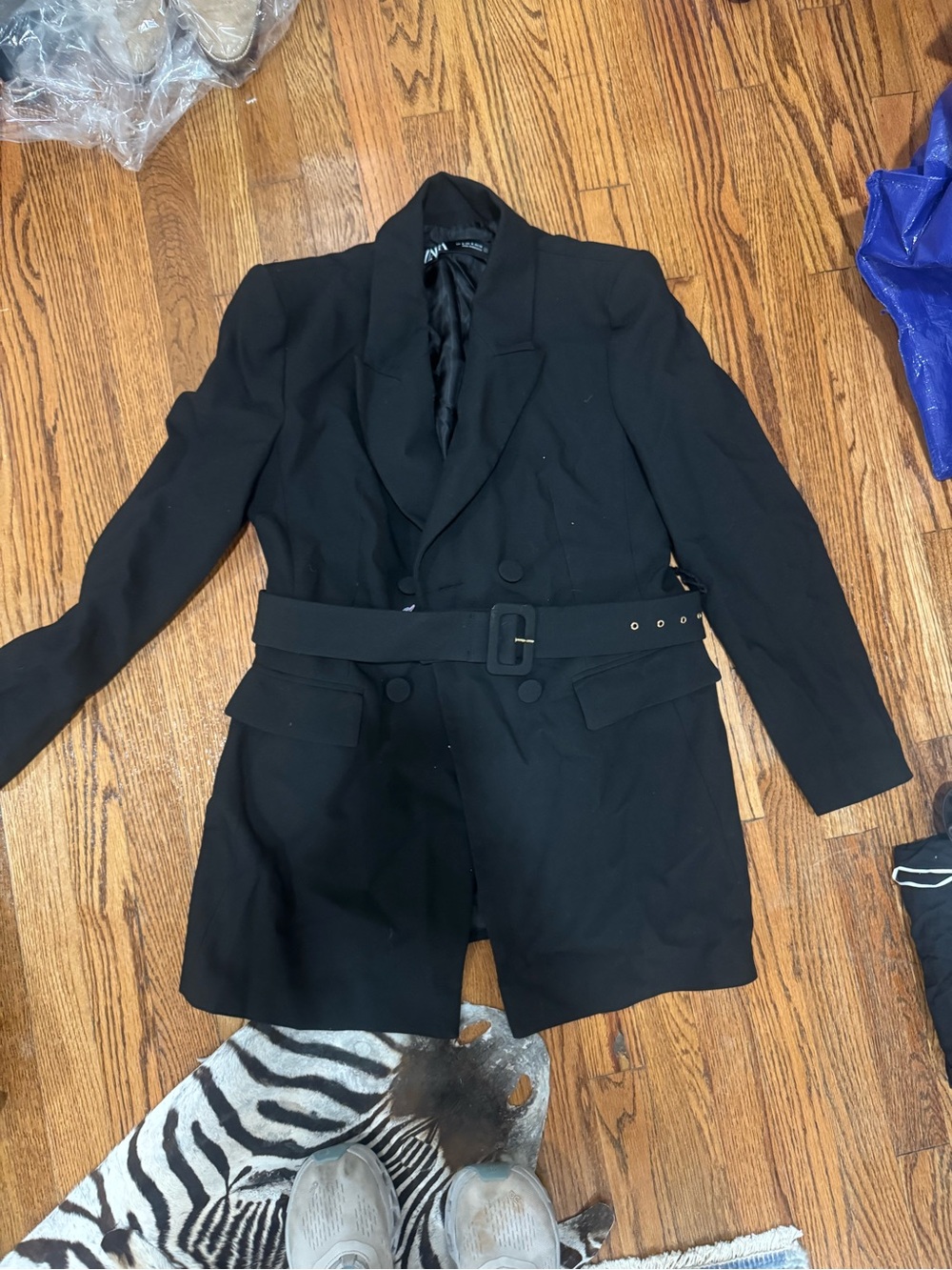 Zara Black Double-Breasted Belted Blazer